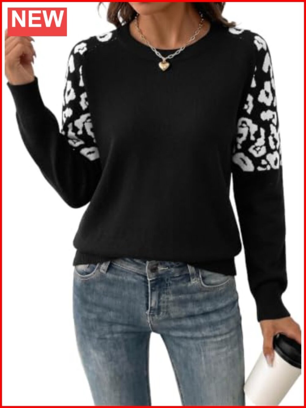 Womens Leopard Raglan Sleeve Knit Pullover Sweater Crewneck Loose Fit